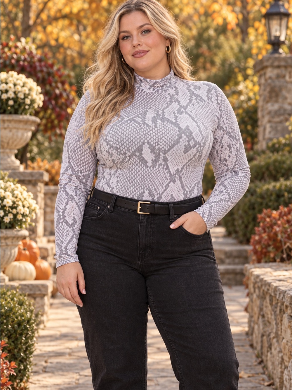🔥Forever 21 Gray Snakeskin Bodysuit 2X | Plus Size Chic Mock Neck Fitted Top